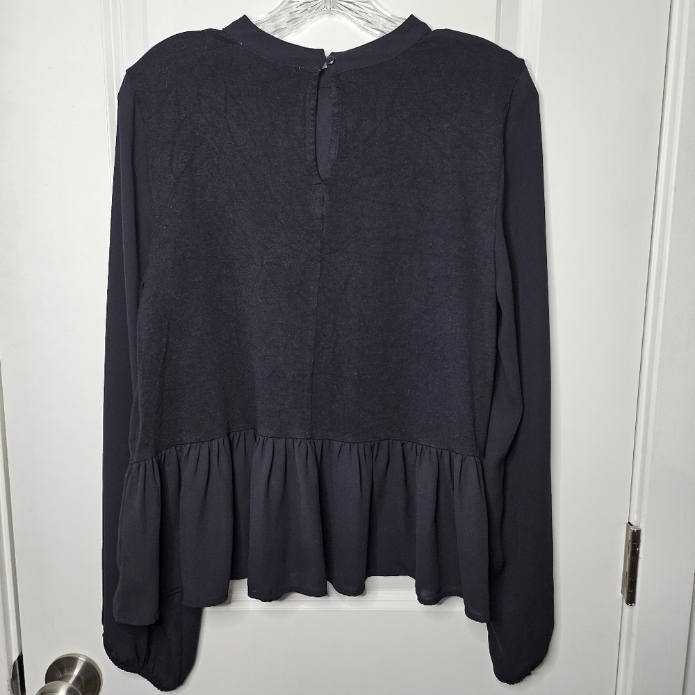 LOFT Semi Sheer Peplum Black Blouse Size Medium Long Sleeve Keyhole Back Classic - Picture 4 of 12